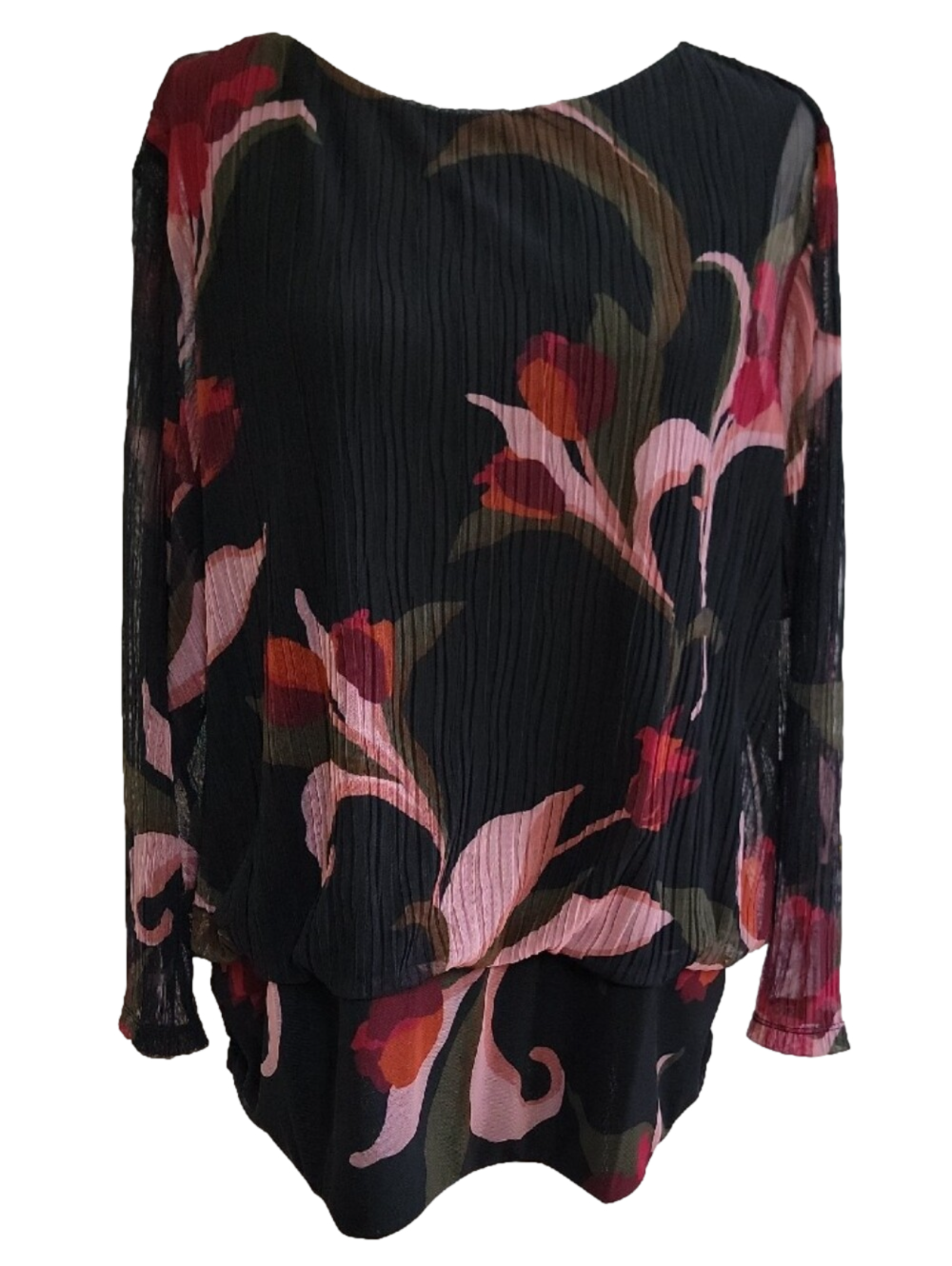 Chico's Black Floral Pleated Textured Mesh Banded Hem Blouse Size XXL NWT
